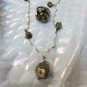 Long Atomic Pyrite Necklace Ring Set Silver Gold Real Pyrite Station Wire Wrap